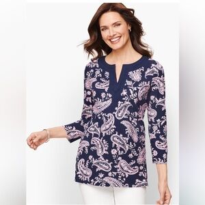 Talbots paisley print tunic top slit neck 3/4 sleeves 1X